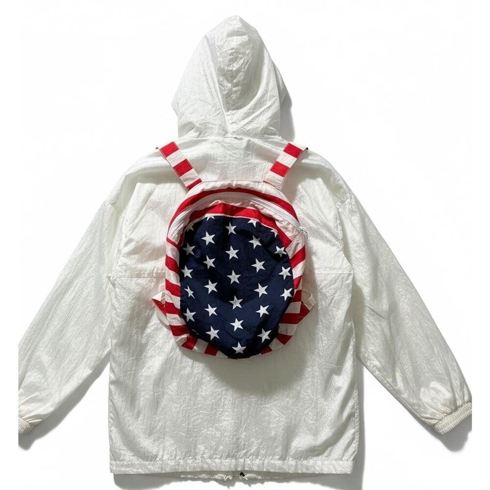 VTG 80s USA Flag Jacket Converts To Backpack Parachute Americana Stars Stripes L